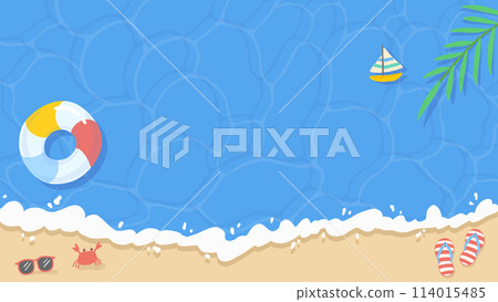 夏天的大海,明亮的波浪和水面背景,可愛的手繪插畫 夏天的大海,明亮的波浪和水面背景,可愛的手繪插畫 114015485