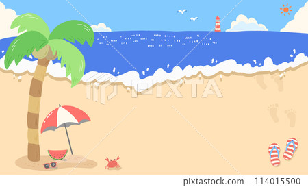 夏日的大海、藍天和海灘明亮的背景，可愛的手繪插畫 114015500