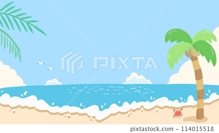 夏日的大海、藍天和海灘明亮的背景,可愛的手繪插畫 夏日的大海、藍天和海灘明亮的背景,可愛的手繪插畫 114015518