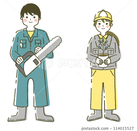 Young men and women in forestry Forestry workers Illustration material 114015527