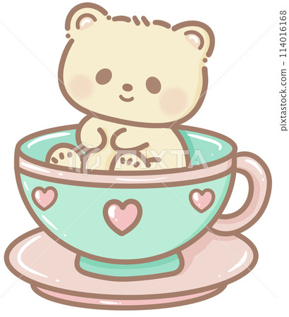 Handdrawn illustration Cute kawaii yellow teddy bear on a tea cup ride clipart fun amusement park pastel color greeting card birthday invitation 114016168
