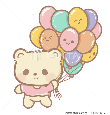 Handdrawn illustration Cute kawaii yellow teddy bear holding a bunch of colorful balloons clipart fun amusement park pastel color greeting card birthday invitation Handdrawn illustration Cute kawaii yellow teddy bear holding a bunch of colorful balloons clipart fun amusement park pastel color greeting card birthday invitation 114016179
