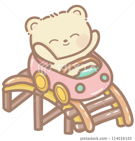 Handdrawn illustration Cute kawaii yellow teddy bear on a roller coaster train clipart fun amusement park pastel color greeting card birthday invitation 114016185