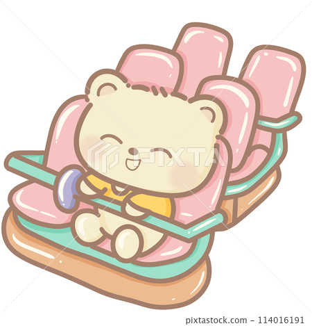 Handdrawn illustration Cute kawaii yellow teddy bear on a roller coaster train clipart fun amusement park pastel color greeting card birthday invitation 114016191