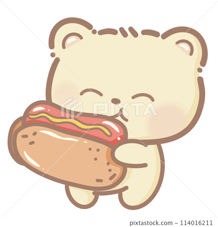 Handdrawn illustration Cute kawaii yellow teddy bear eating a hotdog clipart fun amusement park pastel color greeting card birthday invitation 114016211