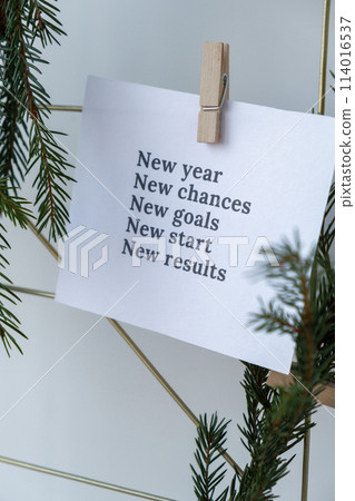 Dream board with message NEW YEAR CHANCES GOALS START RESULTS with fir branches. Happy new year resolutions concept. Visualizing creating vision board. Achievement Dream board with message NEW YEAR CHANCES GOALS START RESULTS with fir branches. Happy new year resolutions concept. Visualizing creating vision board. Achievement 114016537