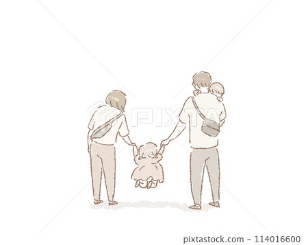 A man holding a small child, a woman holding a child (girl)'s hand, a back view of a parent and child (father, mother, and two children), 114016600