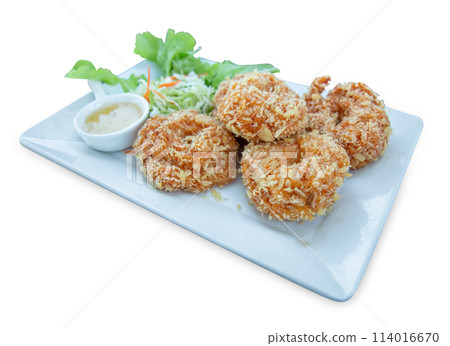 Top view of Deep fried shrimp cake on white plate Thai food, focus selective Top view of Deep fried shrimp cake on white plate Thai food, focus selective 114016670