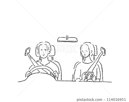 A man driving a car and a woman sitting in the passenger seat with a smartphone, couple, husband and wife, line drawing A man driving a car and a woman sitting in the passenger seat with a smartphone, couple, husband and wife, line drawing 114016951
