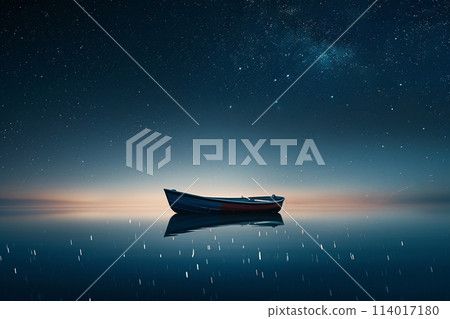 A small boat floats on a calm lake under a starry night sky, creating a scene of tranquil beauty A small boat floats on a calm lake under a starry night sky, creating a scene of tranquil beauty 114017180