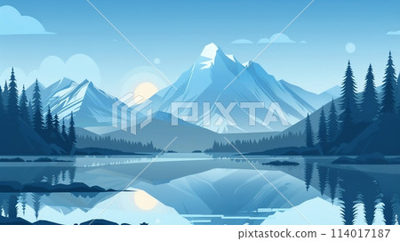 Clean lines and simple shapes depict a peaceful mountain and lake landscape in vector style 114017187