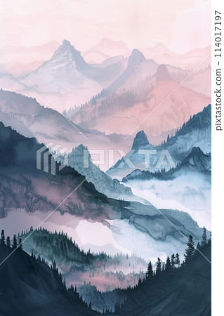 The mountain landscape adopts a modern aesthetic, highlighted by a palette of soft, calming colors 114017197