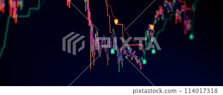 Investment, trade, stock, finance and analysis concept. Business graph charts of financial board display candlestick double exposure 114017318