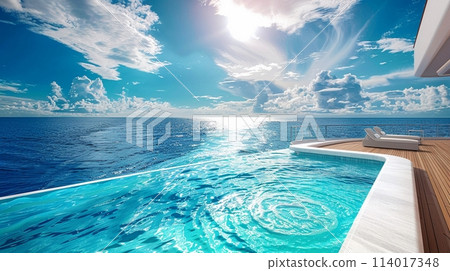 A stunning pool deck on a cruise ship, with sweeping ocean views under a radiant sky A stunning pool deck on a cruise ship, with sweeping ocean views under a radiant sky 114017348