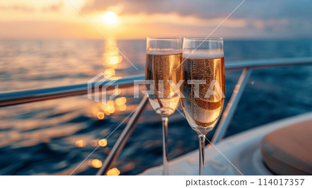 Champagne glasses clink aboard a luxury yacht, serene ocean waters stretching into the horizon Champagne glasses clink aboard a luxury yacht, serene ocean waters stretching into the horizon 114017357