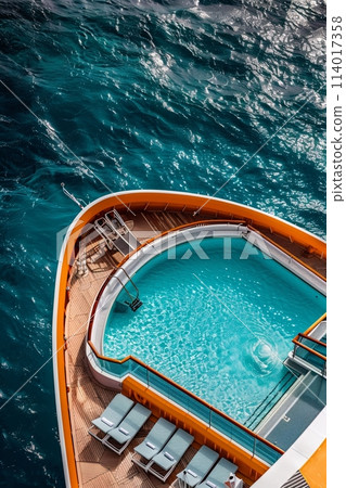 Cruise ship features a beautiful pool, perfect for soaking up the sun while sailing the blue waters Cruise ship features a beautiful pool, perfect for soaking up the sun while sailing the blue waters 114017358