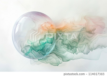 Soft pastel watercolors blend around a translucent float, set against a pristine white backdrop Soft pastel watercolors blend around a translucent float, set against a pristine white backdrop 114017383