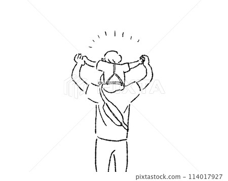 Back view of a man carrying a little boy on his shoulders, back (child and father, family, parent and child) line drawing 114017927