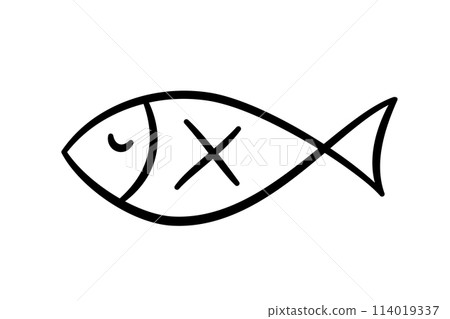 Doodle fish icon. Hand drawn sea fish. Children sketch drawing. Simple line art. Vector illustration isolated on white background 114019337