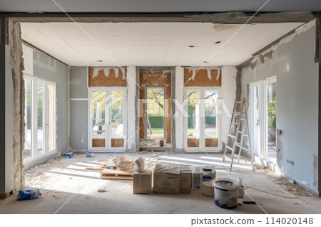 Renovation and modernization with flattened drywall walls in a condo room. Generative AI. 114020148