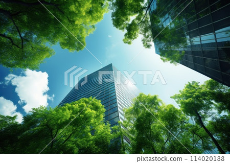 A towering skyscraper seen from a worm's-eye view, green tree, skylight exposure. Generative AI 114020188