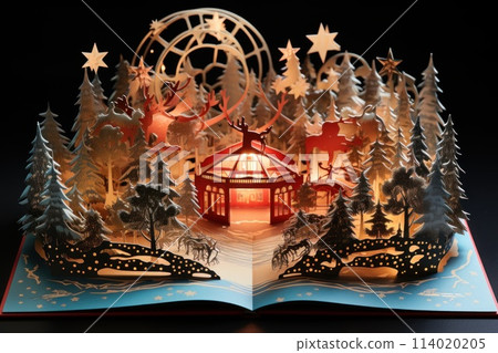 3D Popup Magic Christmas Wonders on book. Generative AI 3D Popup Magic Christmas Wonders on book. Generative AI 114020205