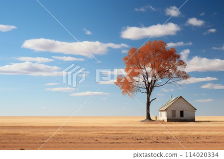 Minimalist landscape with alone tree and house. Generative AI 114020334