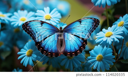 close up High-resolution image of Blue Morpho on white daisy flower. Generative AI 114020335