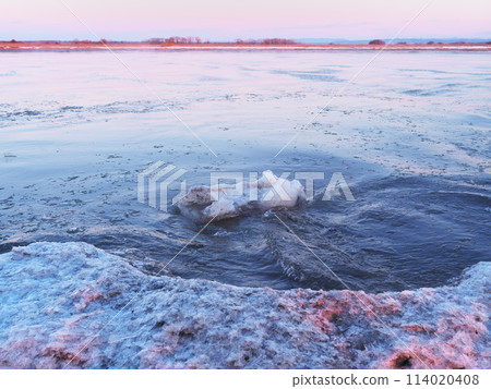 Tokachi River estuary in Hokkaido in the harsh winter: Thin ice flowing on the river surface and frozen riverbanks Tokachi River estuary in Hokkaido in the harsh winter: Thin ice flowing on the river surface and frozen riverbanks 114020408