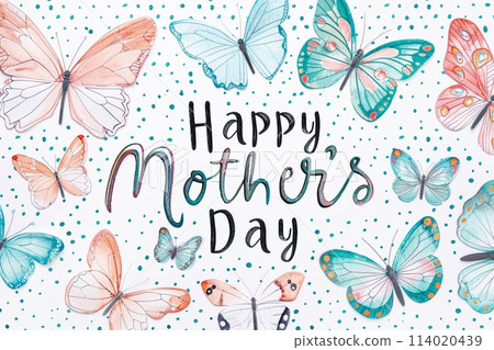 Happy Mother's Day greeting card design concept with flock of butterfly children painting. 114020439