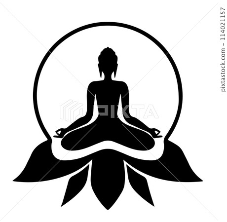 Symbol of yin and yang with an illustrator of Buddha in black and white; 114021157
