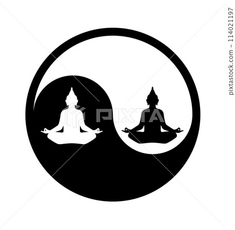 Symbol of yin and yang with an illustrator of Buddha in black and white; Symbol of yin and yang with an illustrator of Buddha in black and white; 114021197