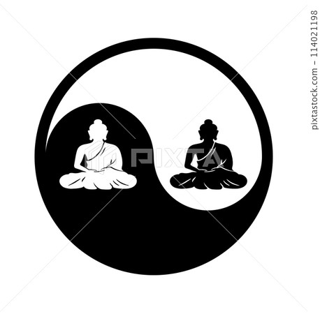 Symbol of yin and yang with an illustrator of Buddha in black and white; Symbol of yin and yang with an illustrator of Buddha in black and white; 114021198