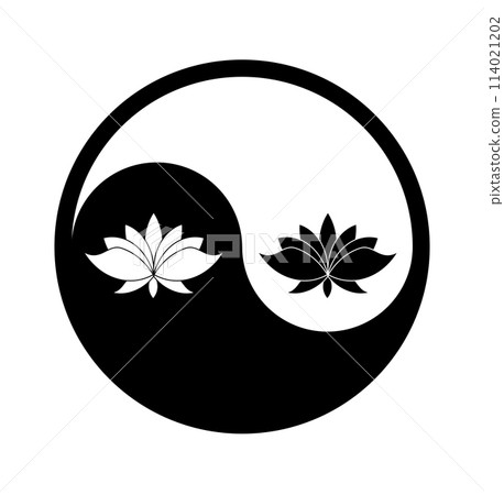 Symbol of yin and yang with an illustrator of lotusflower in black and white 114021202