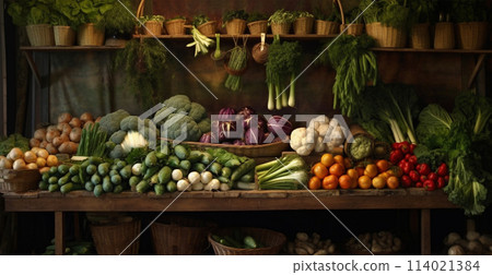 Vegetable farmers market stall, colorful various fresh organic healthy vegetables - AI generated image 114021384