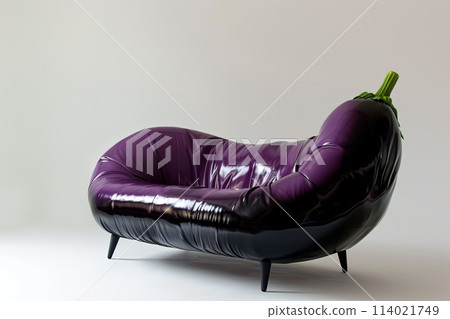 sofa chair made of a eggplant , the seat is shaped like one piece of purple and dark black skin eggplant with a green stem surrealistic forniture surreal 114021749
