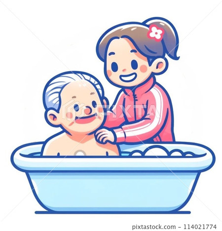 Care staff assisting elderly people with bathing 114021774