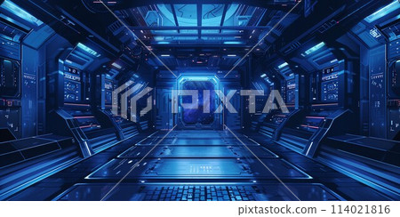 Inside the spaceship, blue glowing cybertech light Inside the spaceship, blue glowing cybertech light 114021816