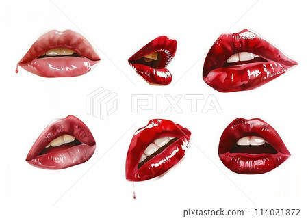 Set of mouths with beautiful make-up isolated on white. Red lipstick 114021872
