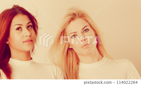 Blonde and mulatto girl together. 114022264