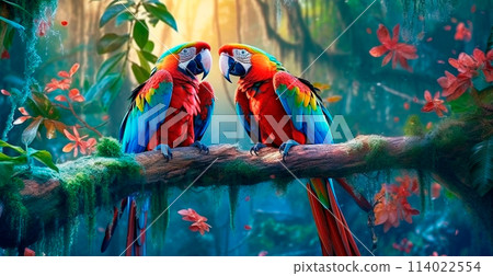 Colored parrots in tropical background - AI generated image 114022554