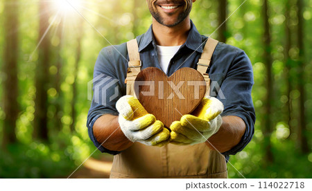 Manual Worker Holding a Wooden Heart in a Green Forest - Generative Ai 114022718