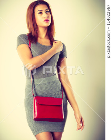 Mulatto girl gray wear with red handbag 114022967