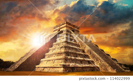 Pyramid from the Ancient Mayan Civilization Against a Dramatic Sky at Sunset - Generative Ai Pyramid from the Ancient Mayan Civilization Against a Dramatic Sky at Sunset - Generative Ai 114022999