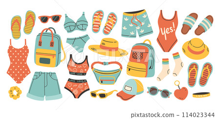 Summer clothes vector set for sticker. Bright summertime poster. Collection elements for summer holiday. Summer clothes vector set for sticker. Bright summertime poster. Collection elements for summer holiday. 114023344