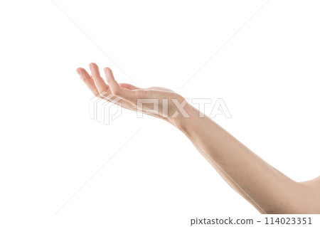 Adult man hand to hold something on his palm isolated on white 114023351