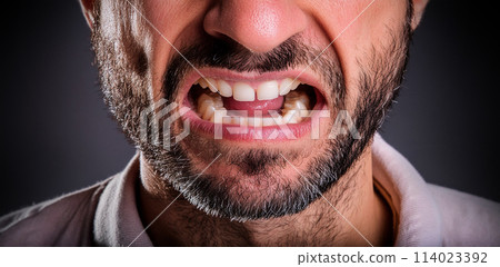 Extreme Close-up of the Mouth of a Very Stressed Man - Generative Ai 114023392