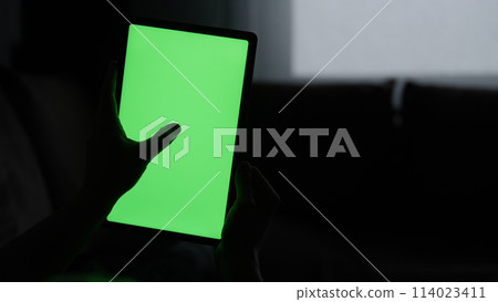 Man at home lying on a couch with tablet pc with green screen Man at home lying on a couch with tablet pc with green screen 114023411