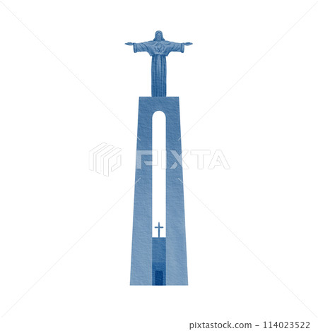 A statue of Jesus Christ on a pedestal with his arms outstretched.Religious sculpture of Portugal and Brazil in monochrome color of blue and white.For souvenirs,stickers,printed products A statue of Jesus Christ on a pedestal with his arms outstretched.Religious sculpture of Portugal and Brazil in monochrome color of blue and white.For souvenirs,stickers,printed products 114023522