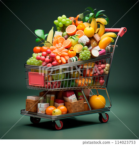 Grocery basket, grocery trolley in a supermarket with fruits and vegetables - AI generated image 114023753